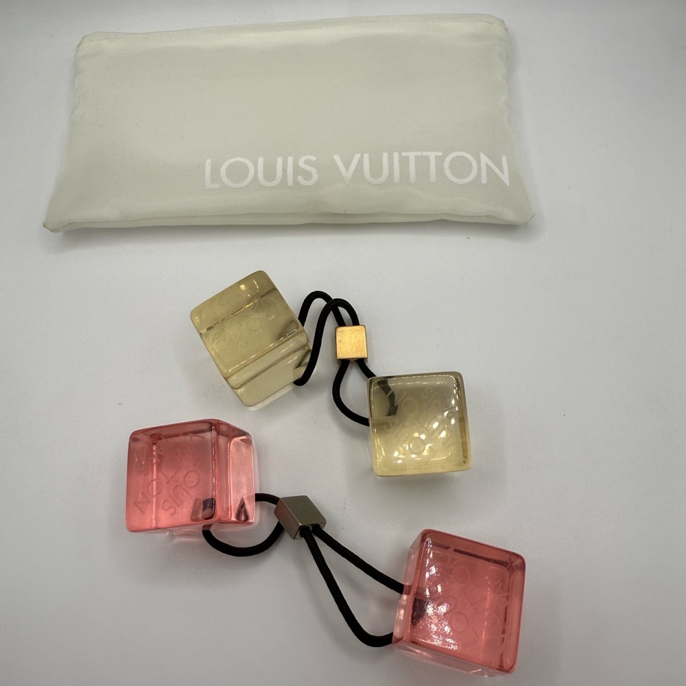 AUTH Louis Vuitton Hair Cube Hair Ties Set of 2 Clear Pink Clear Yellow